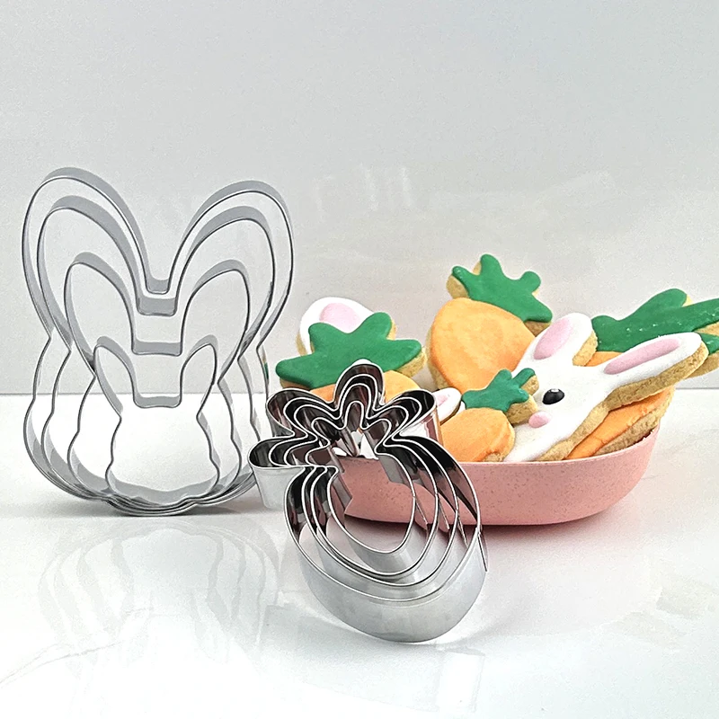 4Pcs Easter Bunny Cookie Cutters Set 3D Rabbit Head Stainless Steel Baking Mold Reusable Kitchen Tool Vegetables Fruits Mold