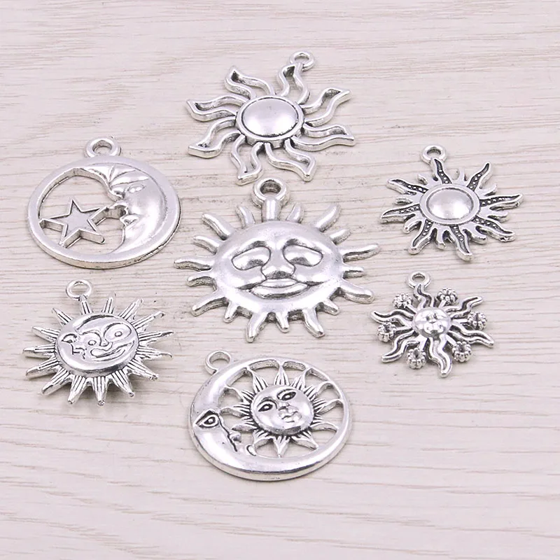 1Bag 7 Styles Photo Color Charms Sun Moon Metal Alloy Nature Pendant For DIY Jewelry Craft Accessories Marking Find