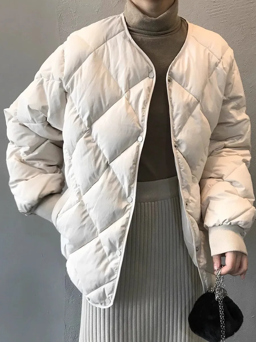 

2025 Winter New Sle Women's ort Thiened down Cotton Jaet No Collar Korean Version Loose Fit Long Sve Zipper Closure