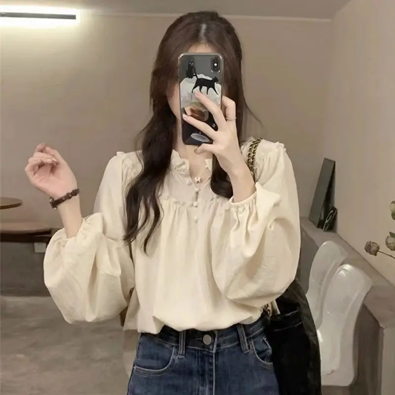 French Retro Long Sleeved Shirt Women\'s Spring Outfit New Design Niche Pleated Loose and Fashionable Top Super Fairy