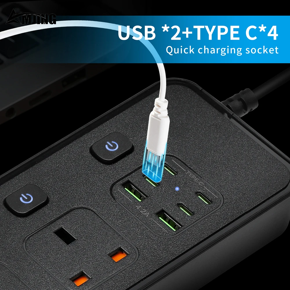 UK plug AC outlet power strip uk with type c usb 2M cable 3250W 13A 250V electrical power socket