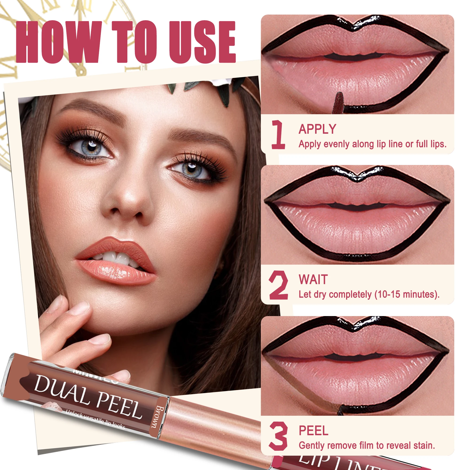 Revestimiento de labios bicolore/deselpe-off. Brillo de labios. Impermeable y duradero. Marrón/rojo desbloquea un maquillaje de labios versátil