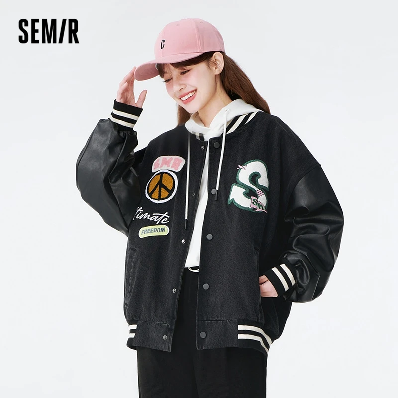 Semir Women Jacket Denim Jacket Embroidered Letters Loose Autumn Color Contrast Splicing Baseball Uniform Sweet Cool Jacket