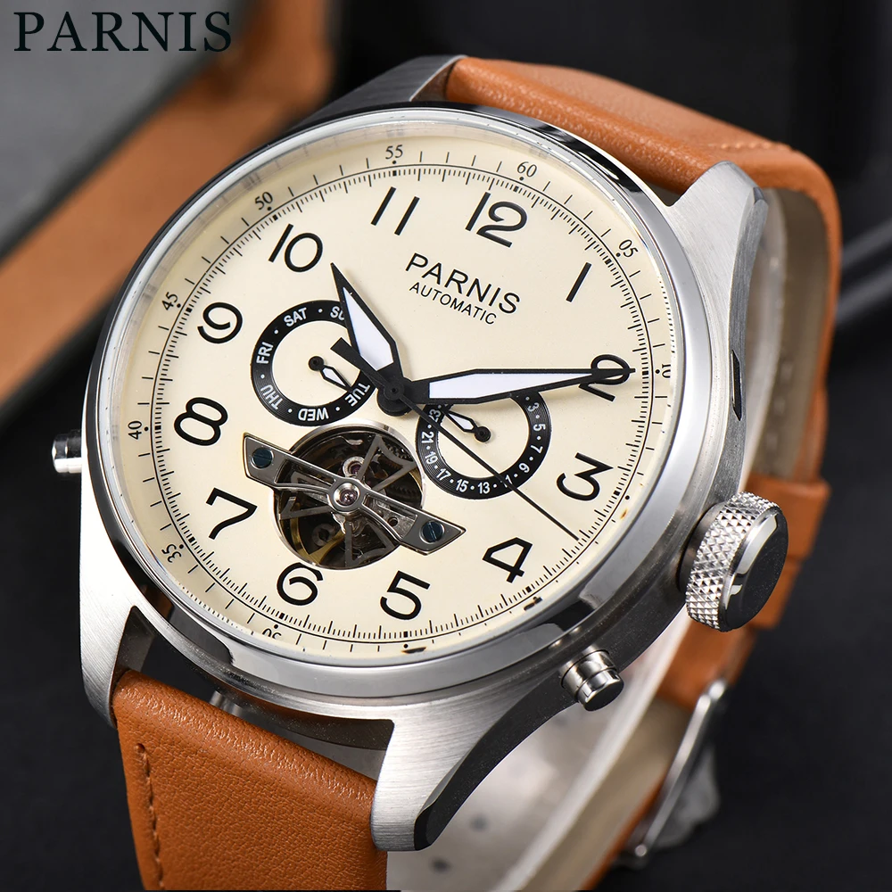 

Parnis 48mm Calendar Week Display Skeleton Free Wheel Wrist Watch for Men Stainless Steel Case