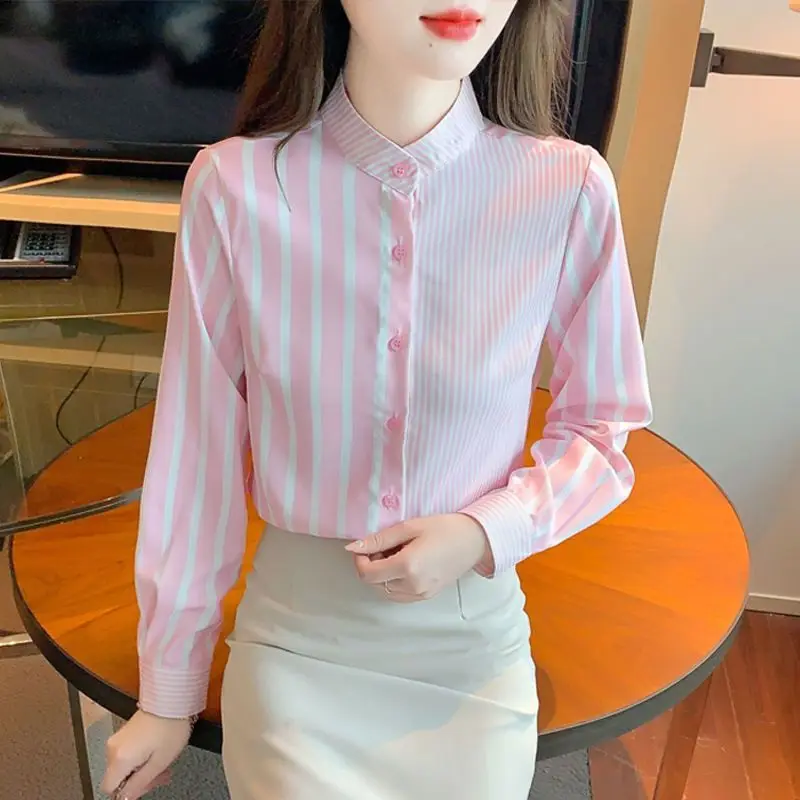 Women\'s Korean Fashion Pink Striped Button Up Shirt Spring Autumn Stand Collar Blouse Sweet Chic Tops Long Sleeve Blusas Mujer