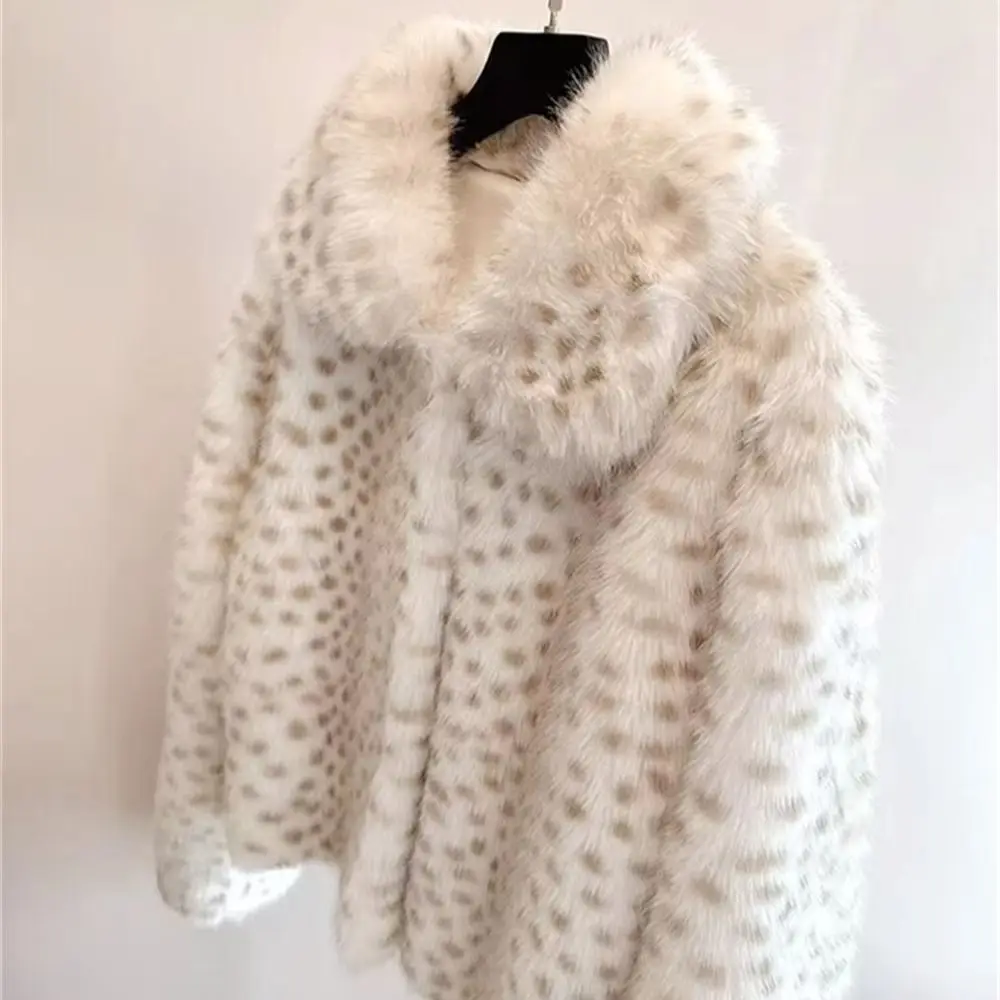 Winter Women Milky Leopard Dot Hairy Faux Fur Coat Lapel Collar Long Sleeve Shaggy Jacket Ladies Loose Straight Short Outerwear