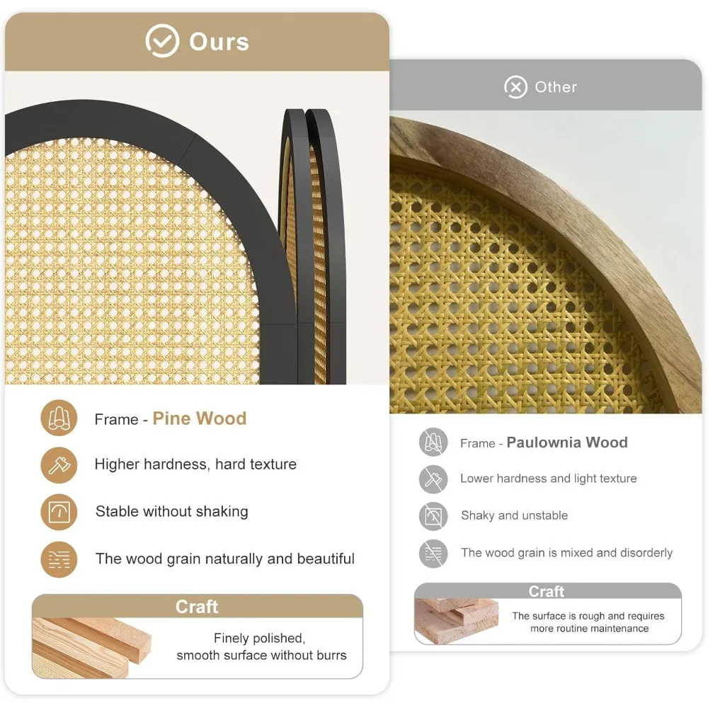 مقسم غرفة الروطان طويل القامة قابل للطي مع إطار خشبي - شاشة خصوصية منسوجة يدويًا للمنزل، قسم قائم بذاته #4