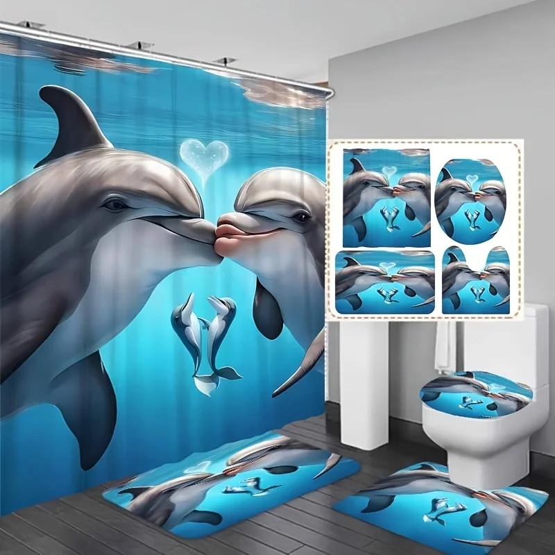 Dance Love Bathroom Set: Includes 12 Free Hooks, Machine Washable, Anti-Fade, Dolphin Theme, Oceanic Curtain, Po