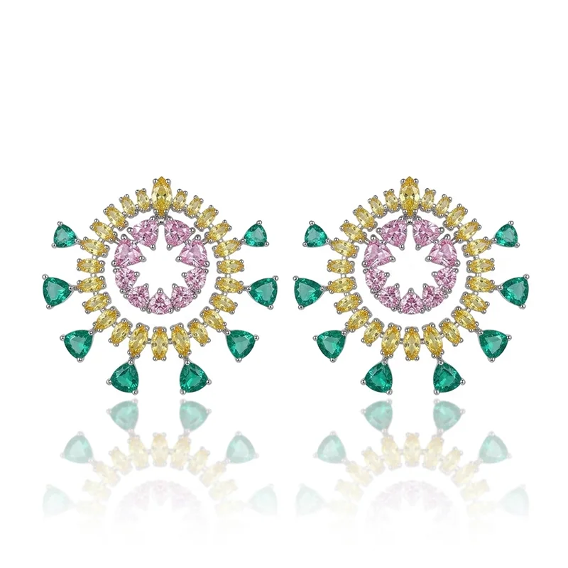 Luxury Large Stud Earrings for Women Full Micro Pave CZ Multi Color Rainbow Crystal Large C Shape Flower Earrings Boho Jewelry