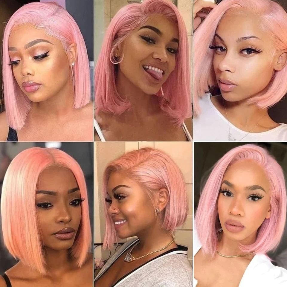 Perruque Bob Lace Front Wig naturelle brésilienne lisse, cheveux humains, pre-plucked, rose, blond, transparent HD