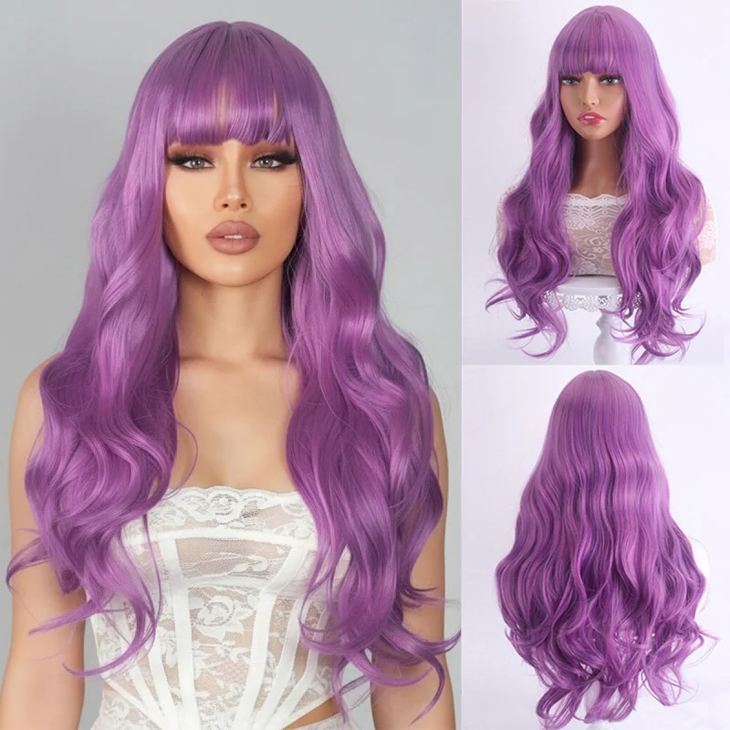 New European and American style middle-parted corn perm , versatile purple small curly wig, voluminous