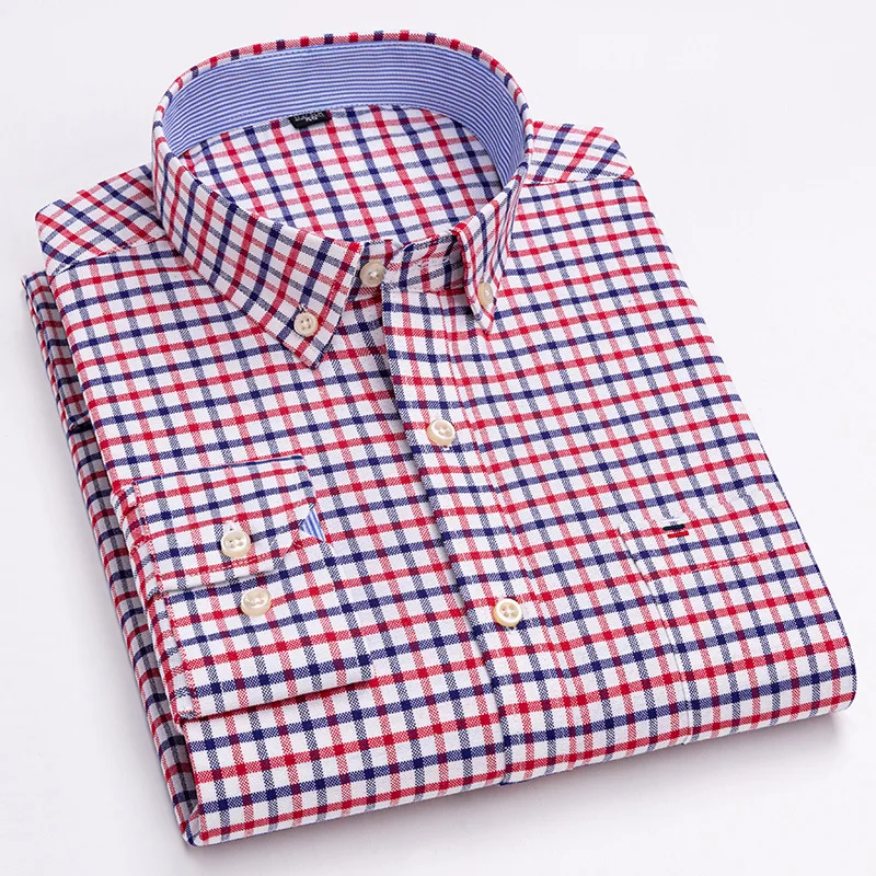 Casual Shirt Men Long Sleeve 7XL Oxford Solid Striped Plaid Shirt Men Long Sleeve Shirt Easy Care High Quality 100% Cotton