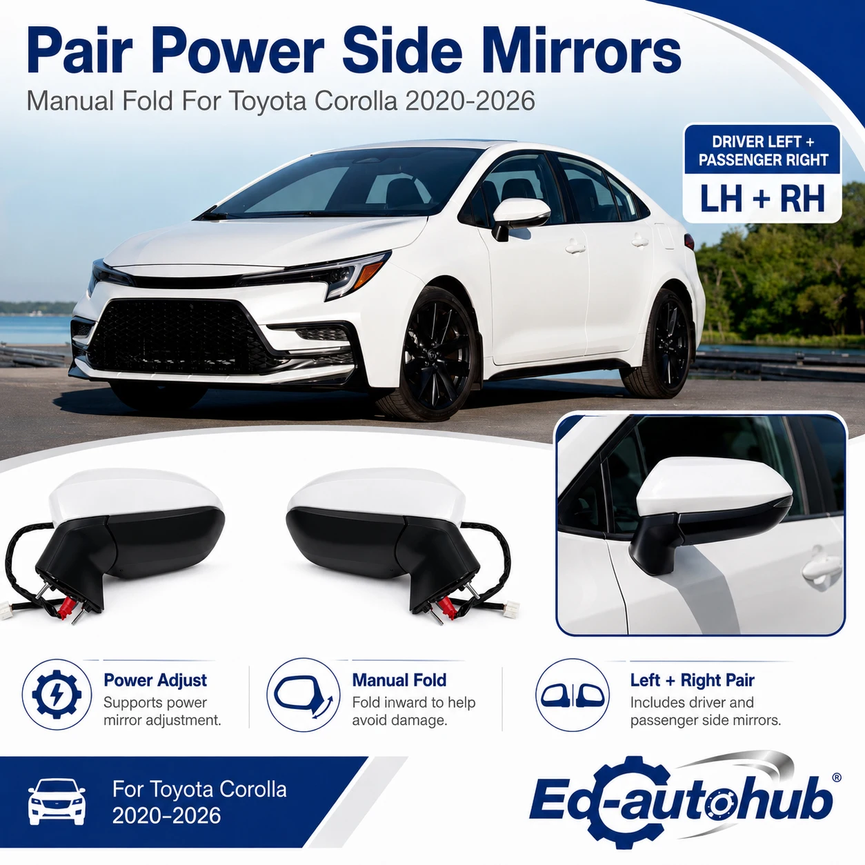 Pair Power Side Mirrors Manual Folding for Toyota Corolla 2020-2026 Left And Right OEM No. 74440-02010 7444002010