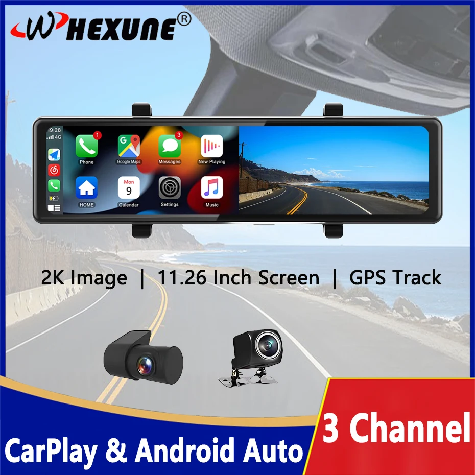 3 Cameras Dash Cam Carplay & Android Auto 2K 2560*1440P Rearview Mirror Video Recording WIFI GPS Loop Record Phone APP Car DVR