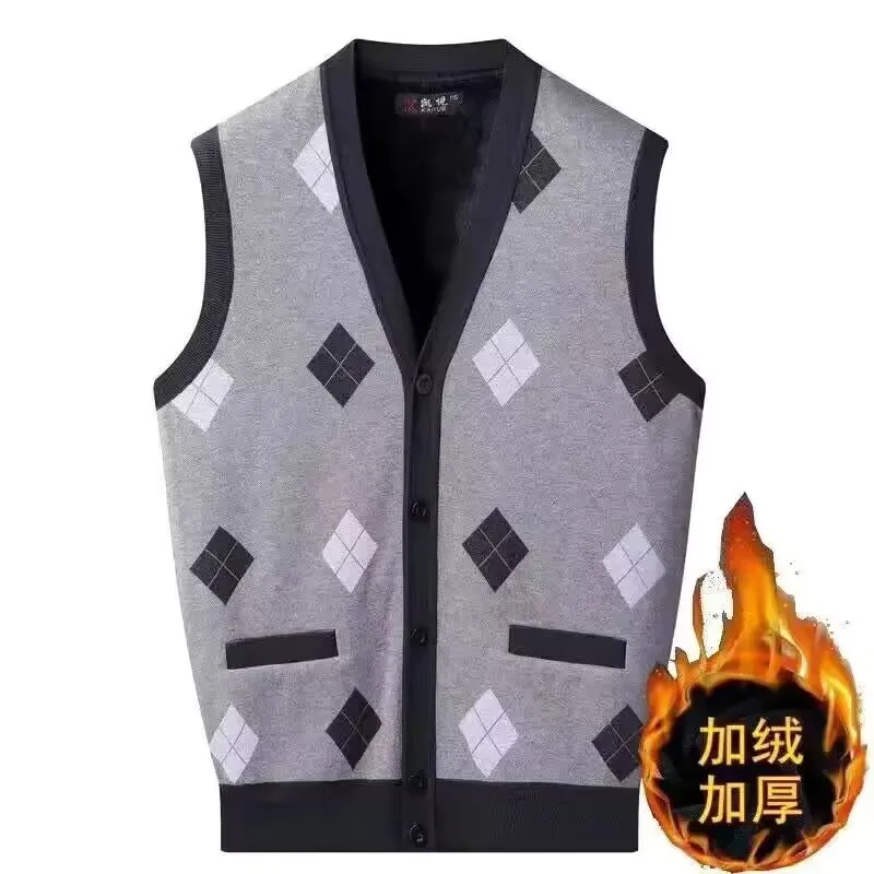 2025 Men's V-neck Keep Warm Fleece Vest Male Fleece Knitted Waistcoat Autumn Winter Dad's Thick Knitted Cardigan Outwear Coat