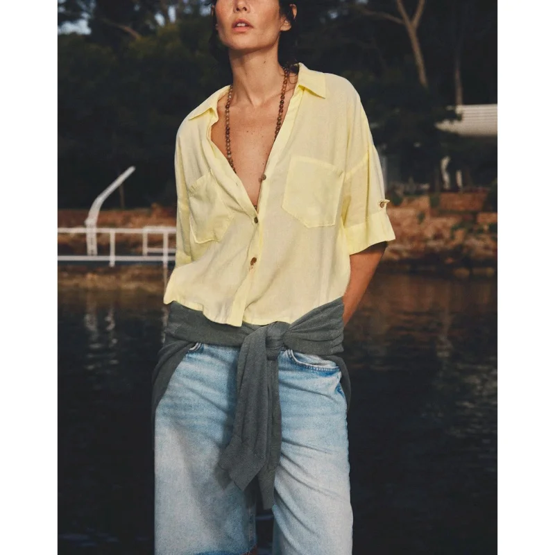 Spring New Women's Simple Patch ket Mixed V-ne ort Sve ort irt Top Faion Commute Sle Loose Fit UV Protection