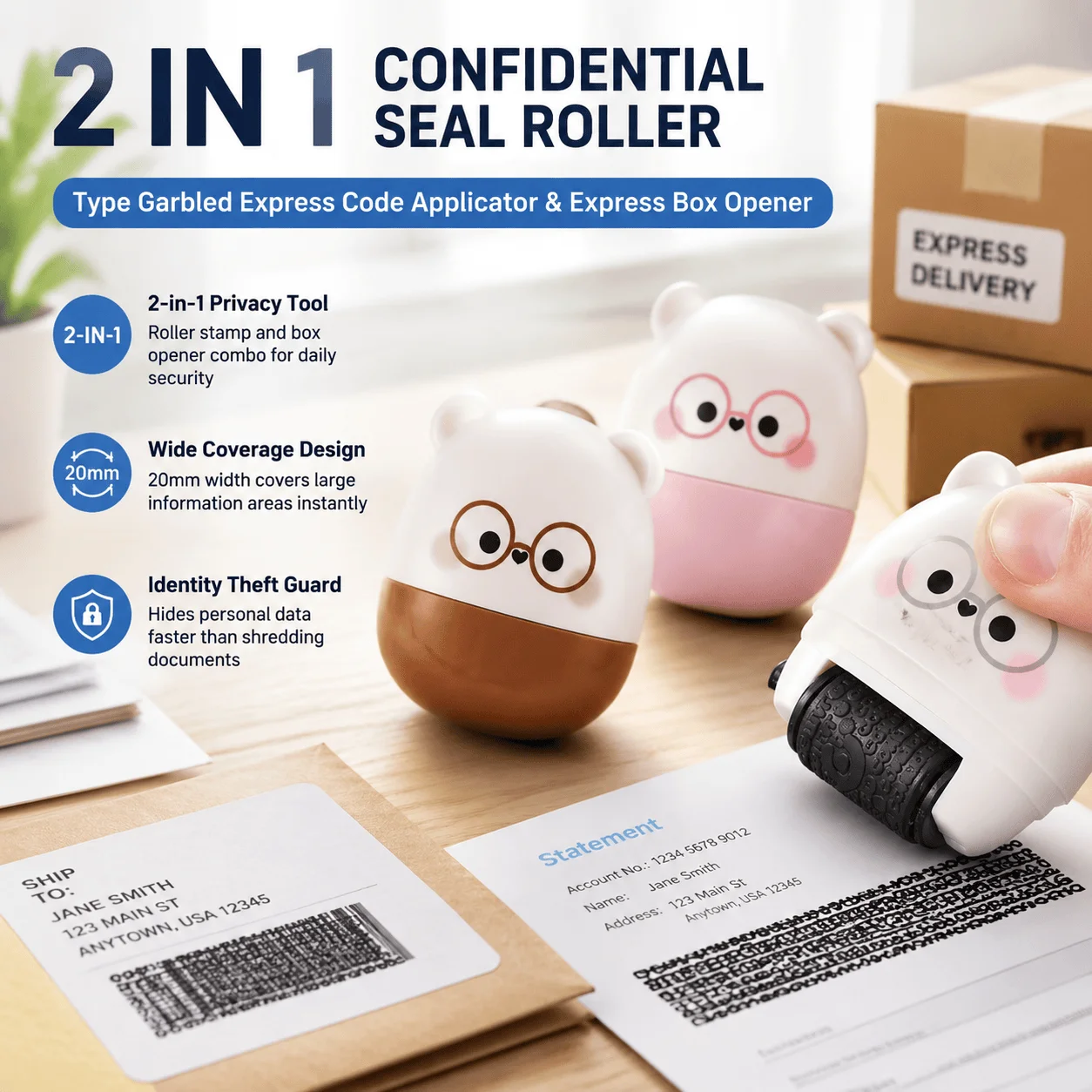 2-In-1 Privacy Protection Stamp Identity Theft Roller Package Opener Tool Wide Coverage Pre-Inked Confidential Info Hider