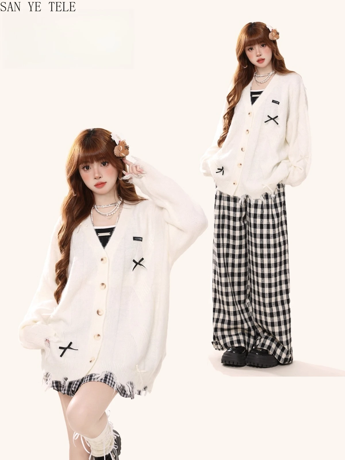 

Korean Dimensional Bow V-neck Knitted Sweater Cardigan Women Autumn Winter Sweet Gentle Casual Loose White Long Sleeved Coat