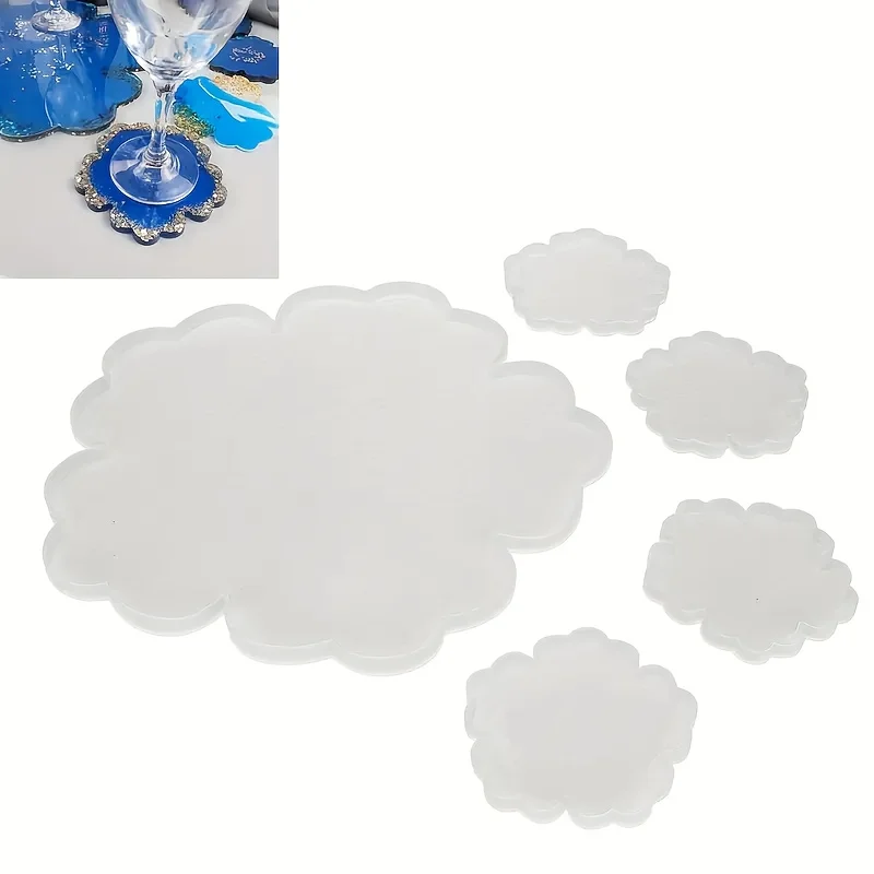 5pcs Mirror Large Flower Small Flower Cup Cushion Base Silicone Mold, Large Resin Casting Storage Tray, Suitable for Self-design