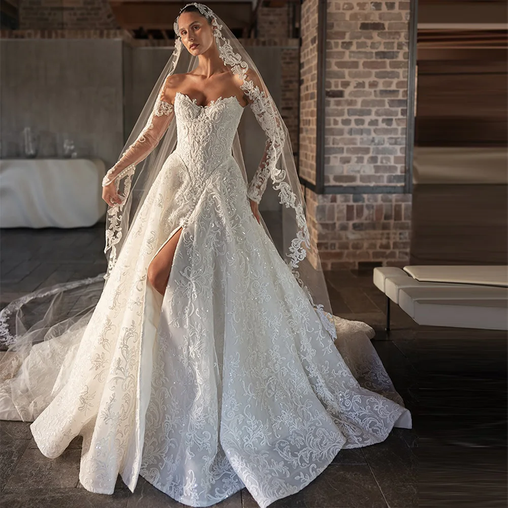 Customized Dignified Gracefu Luxury Appliques and Beading Wedding Exquisite Lace Temperament Fashion Shining Bridal Gowns