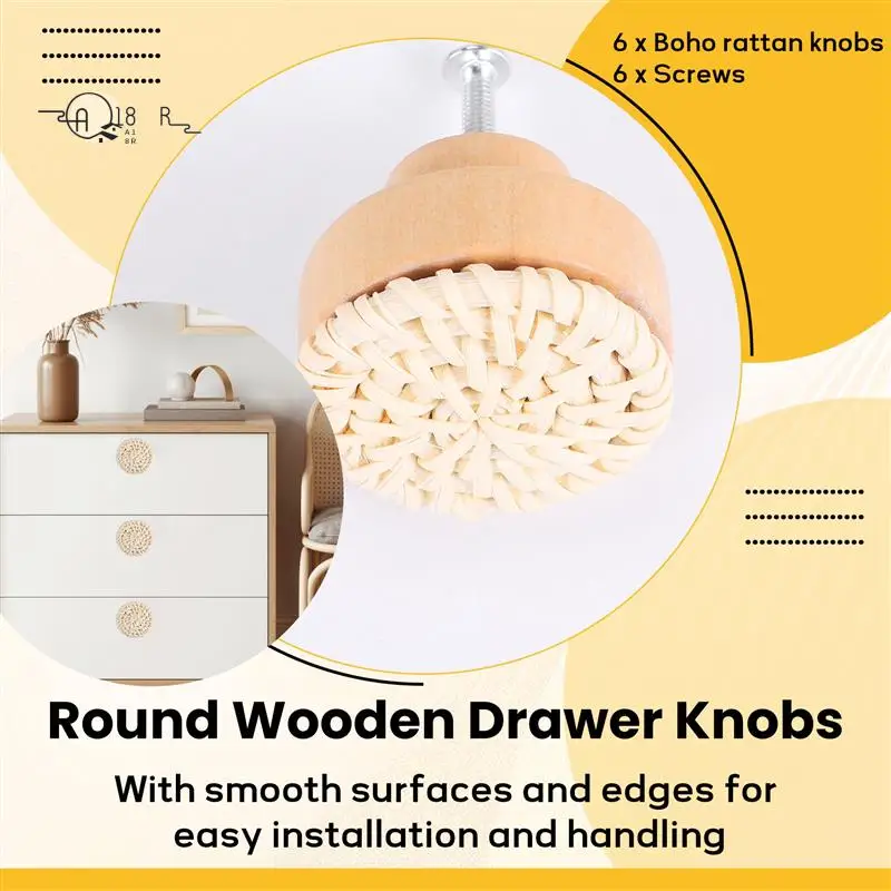 

A18R -Boho Rattan Dresser Knobs Round Wooden Drawer Knobs Handmade Wicker Woven And Screws For Boho Furniture Knobs Beige
