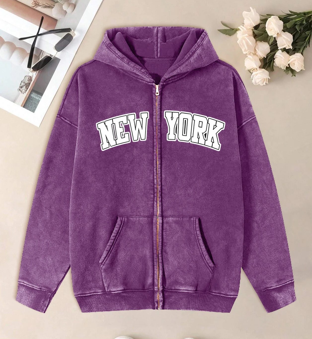 New York Creative Prints Women Washed Zipper Hoody Fashion Oversize Streetwear Casual Cotton Zip-Up Hoodie Autumn Hip Hop Tops