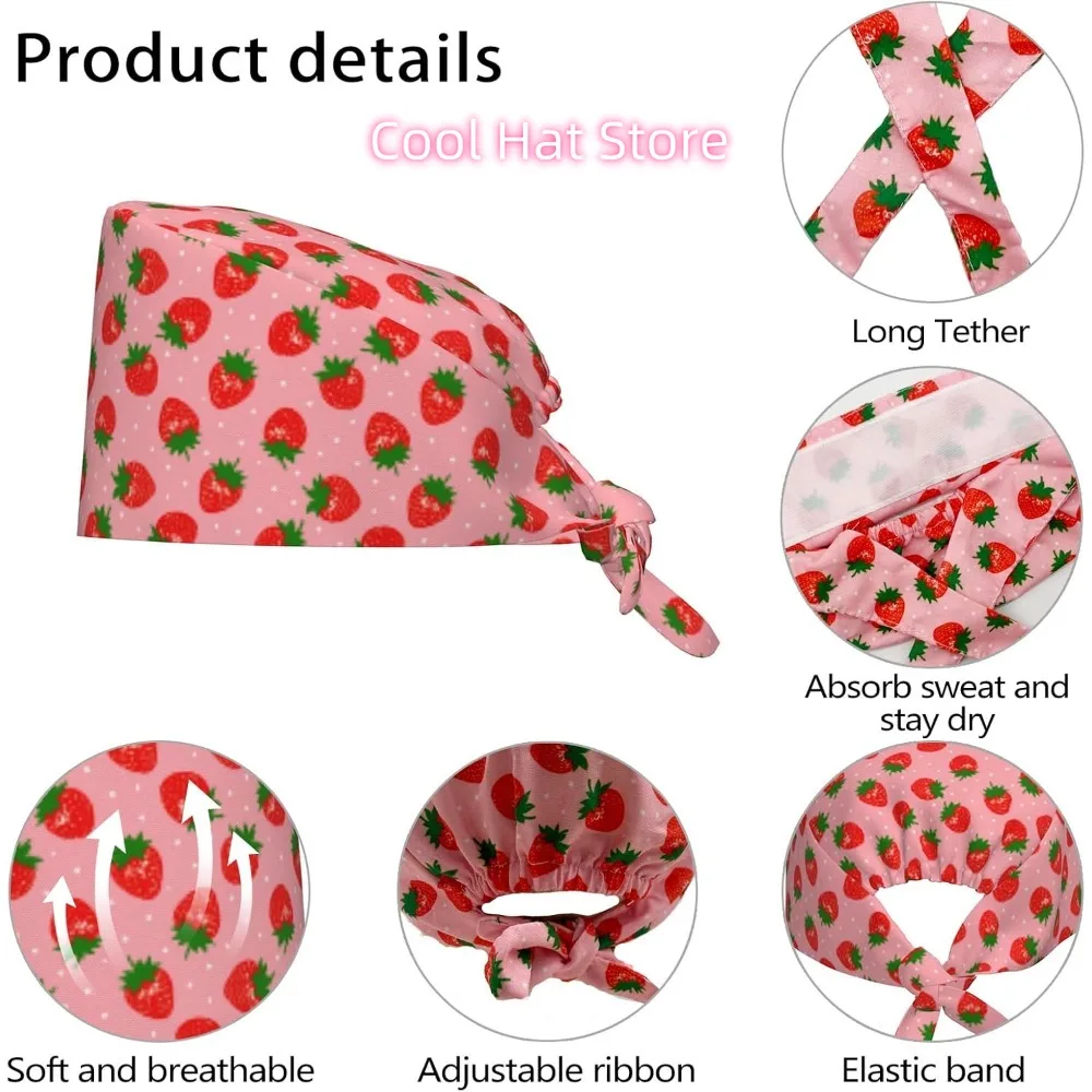 1pc Adjustable Nurse Scrub Cap with Sweatband & Absorbent Towel Strip - -Specific Pink Strawberry Print (Red Strawberries/Green
