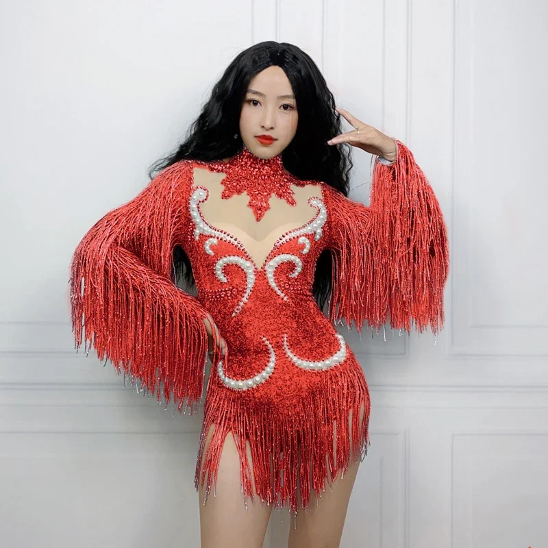 

9 Colors Fringed Sleeves Rhinestones Bodysuit Women Party Stretch Clothing Drag Queen Costume Stage Dj Ds Festival Outfit XS6947