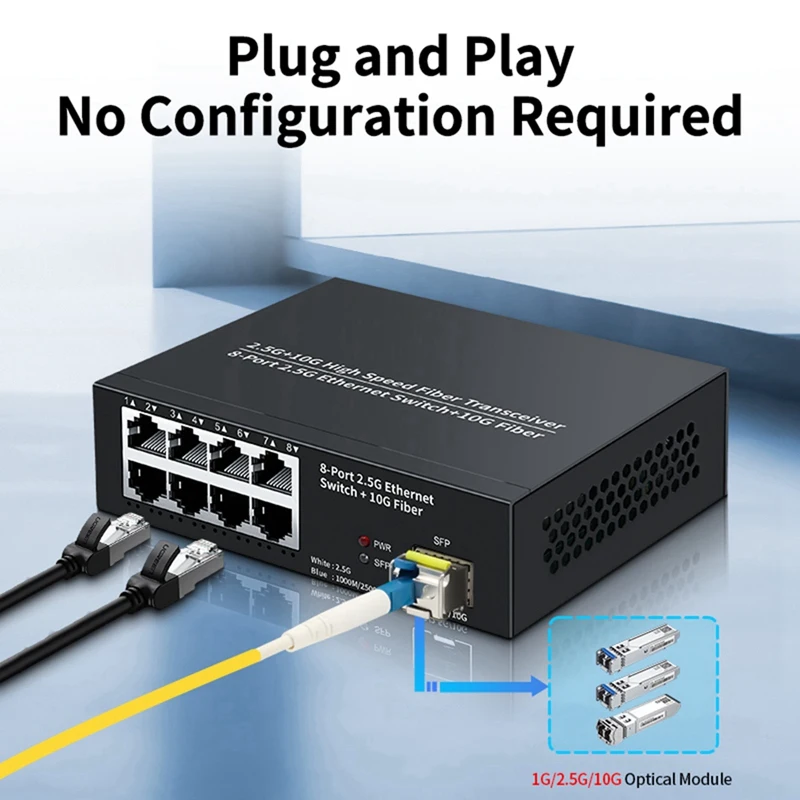 8 Port Ethernet Switch 2.5Gbps Network Switcher + 1 Port 10G Fiber Slot Home Lab Network Switch Plug and Play-EU Plug-A69M