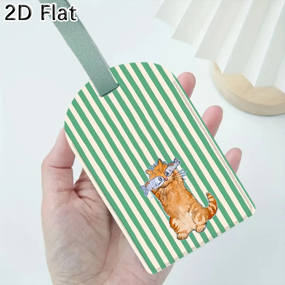 Cute Cat and Green Stripes Luggage Tag Travel Luggage Identifier Label with Strap for Suitcase Baggage Travel Additions