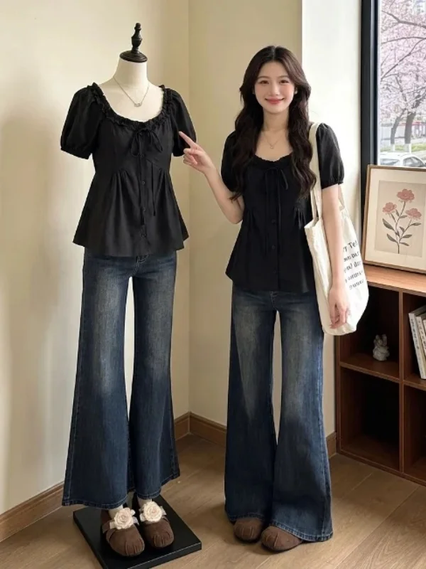 

Black Flounce Shoulder Short Sleeve Shirt Women's Summer New Style Big Size Fat MM Doll Shirt Puffy Top Korean Style Commute