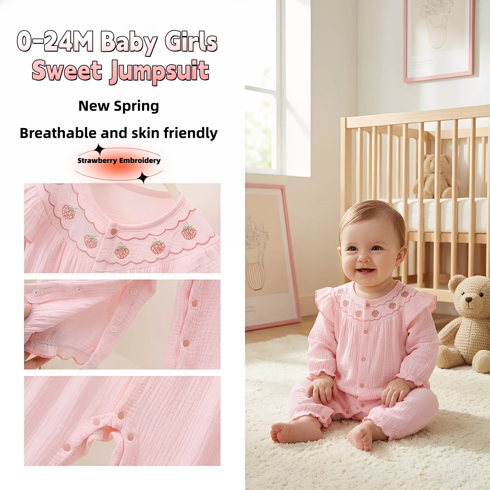 2026 New Spring Newborn Baby Girls Pink Long Sleeve Jumpsuit Cute Strawberry Breathable One Pieces Infant Outdoor Wear