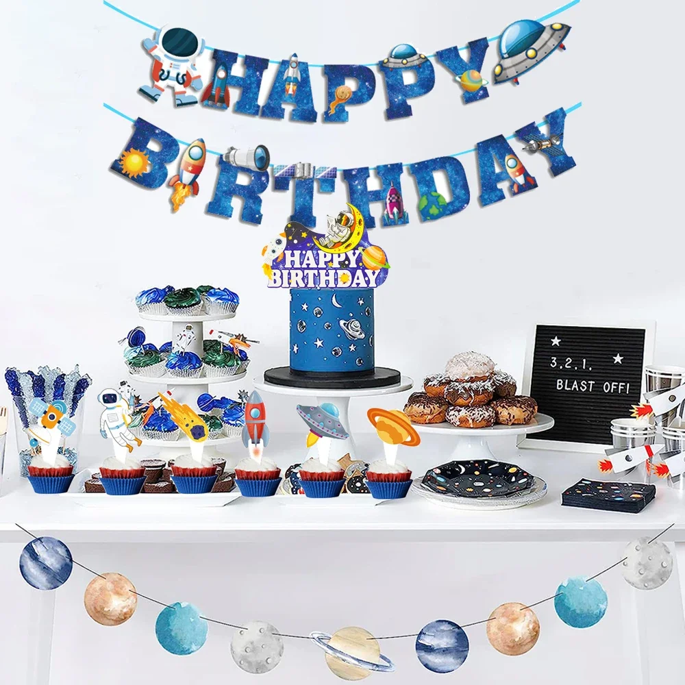 Outer Space Birthday Decoration Happy Birthday Banner Cake Topper Solar System Astronaut Balloon Kids Universe Space Party Favor