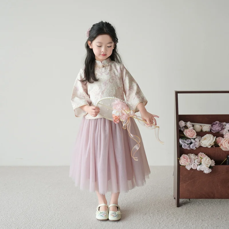 Girls' Summer New Chinese Knot Button Top Mesh Skirt Two-Piece Set