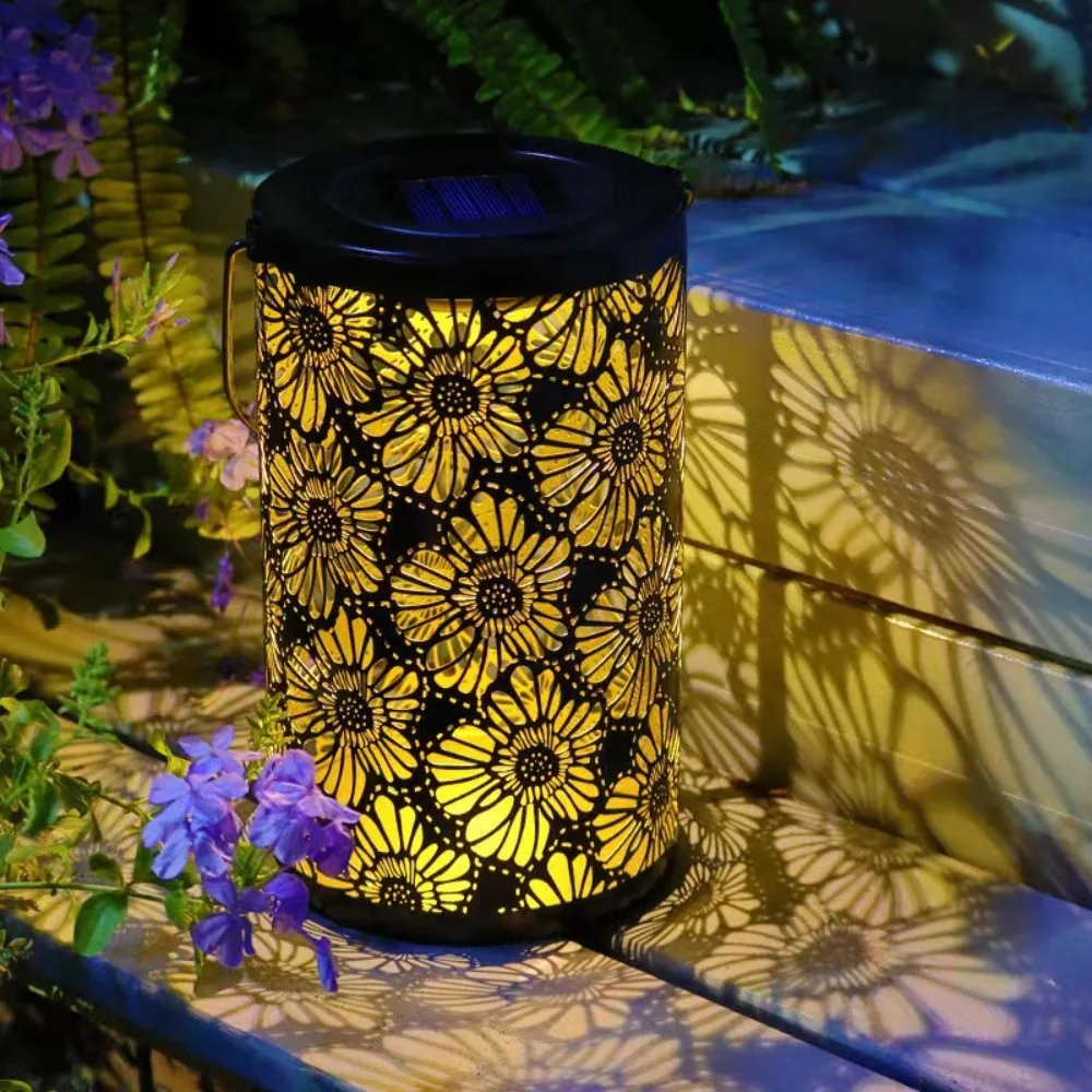 

Solar lantern Outdoor light garden waterproof LED courtyard villa decorative chandelier chrysanthemum hollow-out iron lamp