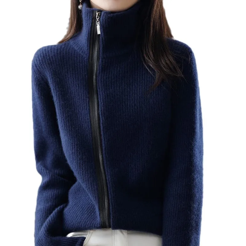 سترة نسائية محبوكة بسحّاب من Thiened سترة نسائية شتوية مفتوحة القمر Sle ملابس خارجية بياقة عالية سترة طويلة فضفاضة مناسبة