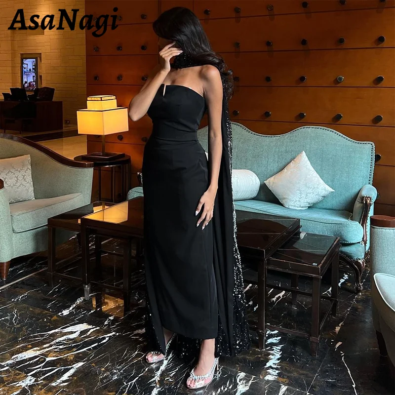 AsaNagi Sparkling Black Prom Gowns Women\'s Strapless Sequin Evening Gown Ankle Length Saudi Arabia Special Occasion Dresses 2024