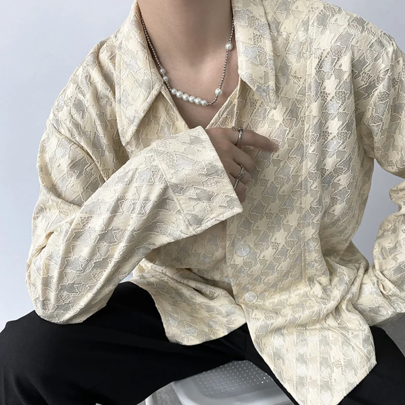 

Fashion Menswear Chic Lace Jacquard Plaid Tops Men's New Loose Lapel Single Breasted Long Sleeve Shirts Tide Spring 2022