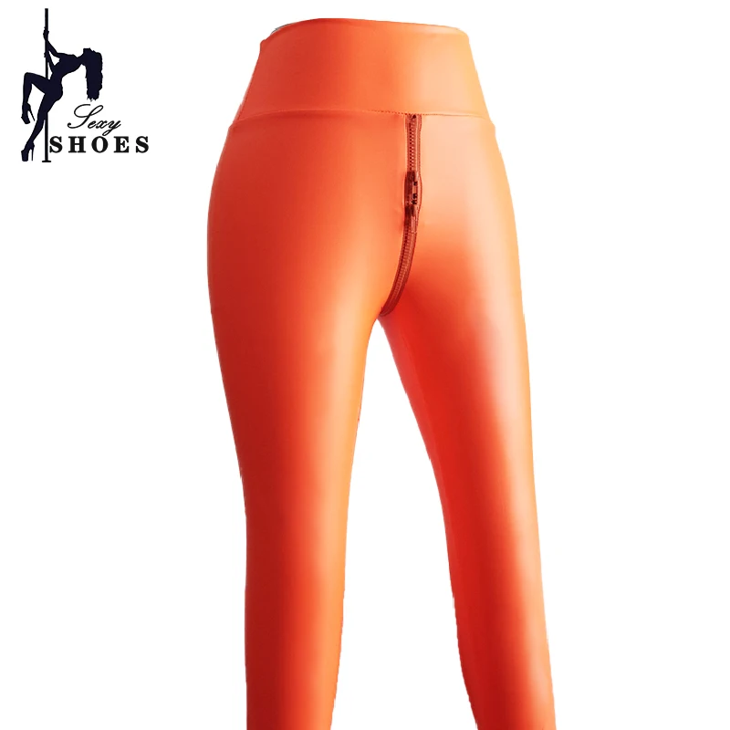 Leggings de couro PU de cintura alta feminina, calça lápis fina, fecho duplo, calça de cintura aberta, bodycon sexy, stretch, boate