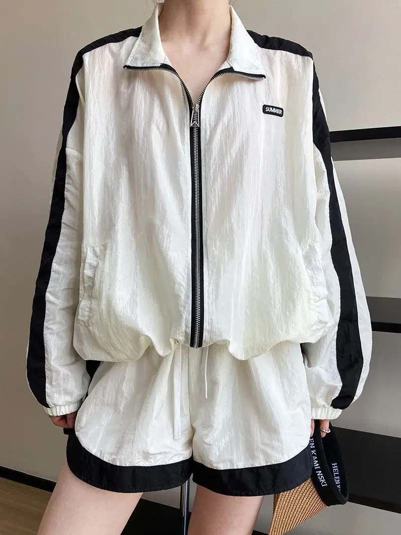 

Nylon Patchwork Jacket And Shorts 2 Piece Set Stand Collar Zipper Coat + Shorts Summer Spring Outfits Loose Sporty Casual Suit