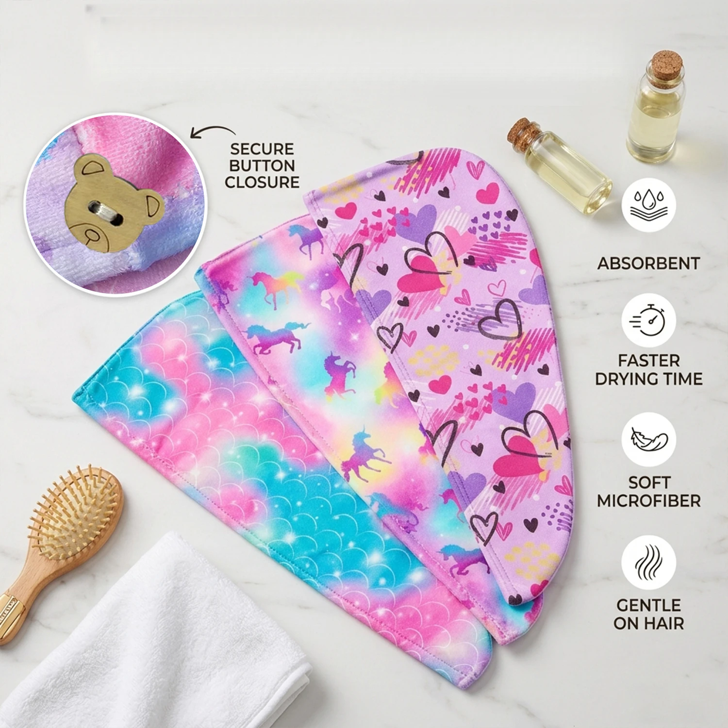 3Pcs Microfiber Hair Towel Wrap, Cartoon Pattern Quick-Dry Cap with Button, Absorbent Soft Turban for Curly Thick Straight Hair