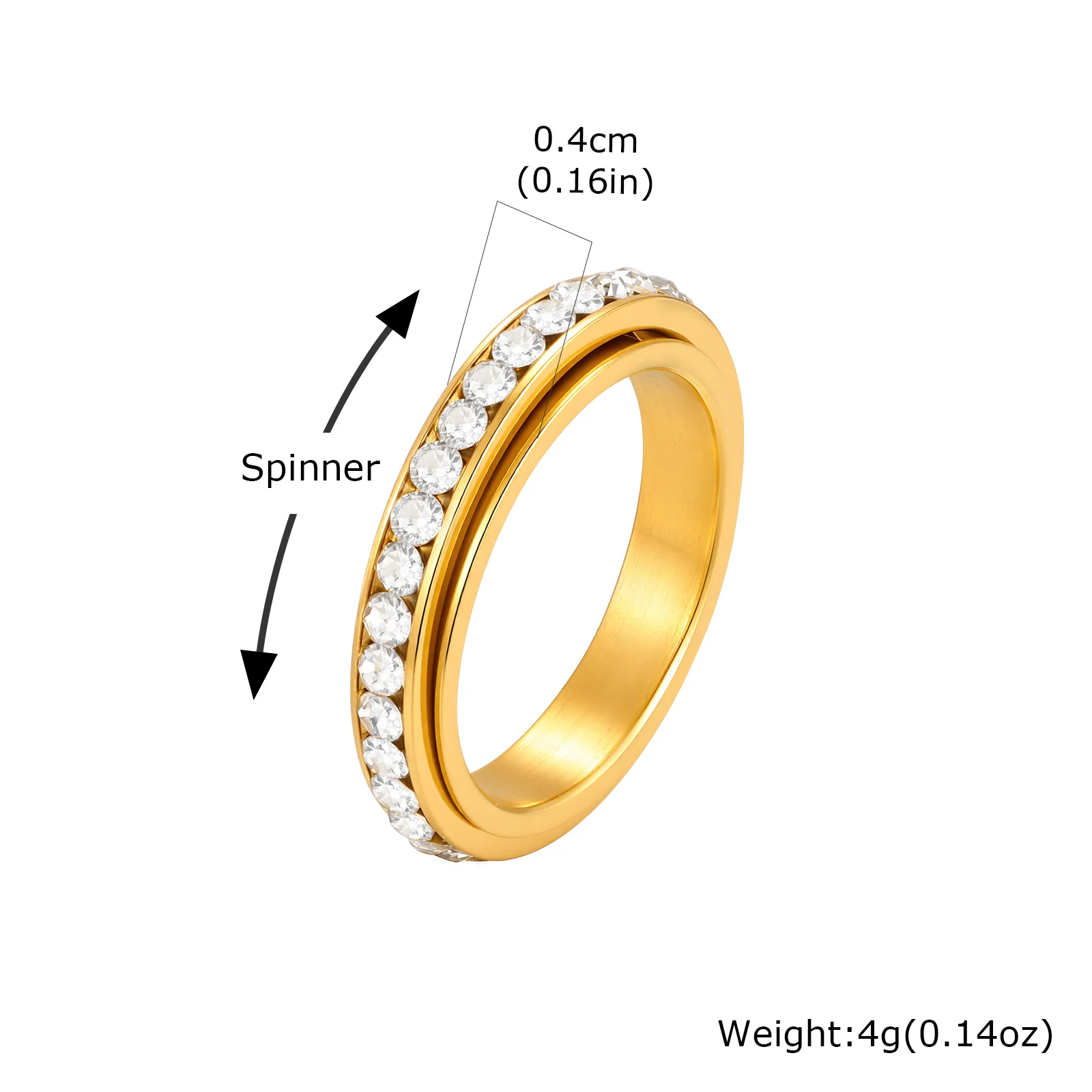 4mm Spinner Zirkoon Fidget Ring voor mannen en vrouwen, roterende ring van roestvrij staal tegen angst, verlovingsring, jubileum cadeau