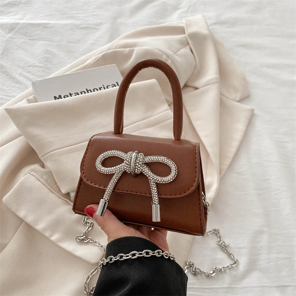 Chic Bow Mini Square Handbags for Women Wallet Phones French Style Trendy Chains Single Shoulder Bags Elegant Lady Crossbody Bag