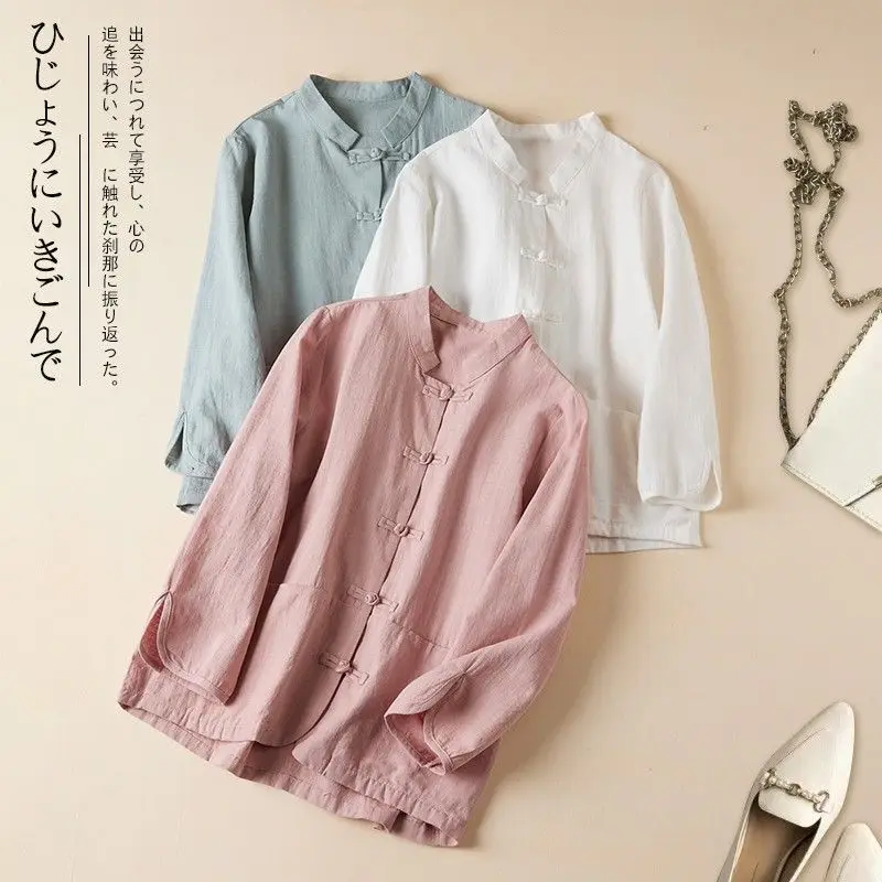 

Chinese Style Buckle Retro Shirt Women's Cardigan Long Sleeved Ethnic Style Cotton and Linen Top Artistic Tea Jacket Shirt