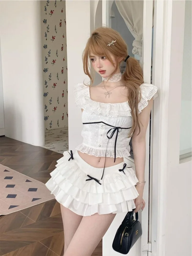 Sweet White Bow Crop Top Slim Fit Sexy T-shirt for Women+ Y2k E-Girl High Waist Ruched Skirts 2024 Summer New Two Piece Sets