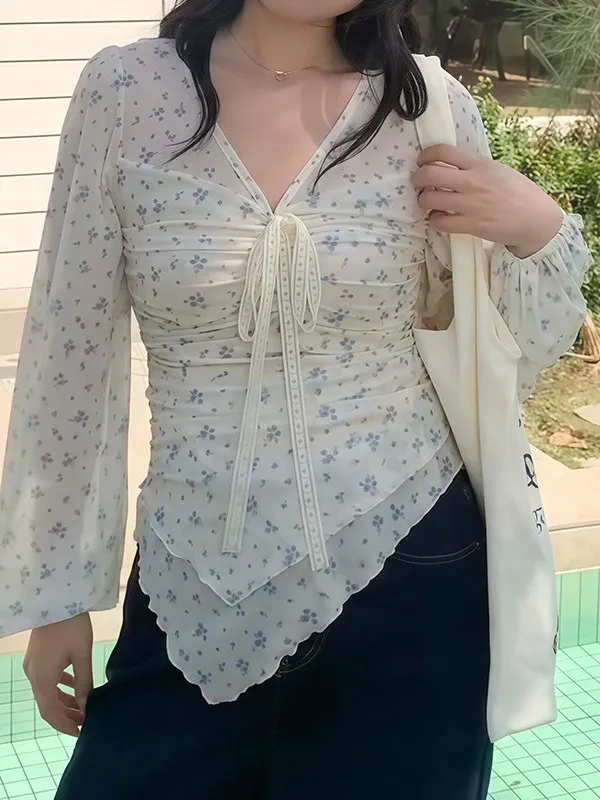 

Женская блузка больших размеров с V-образным вырезом и цветочным принтом, весенняя, с рукавами-фонариками, приталенная, элегантный дизайн, французский стиль, длинный рукав