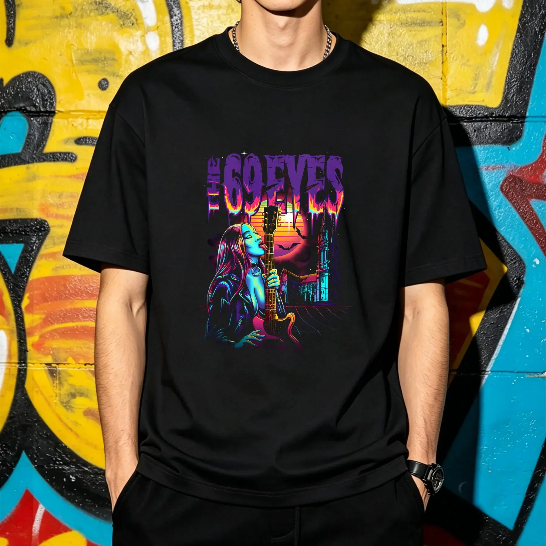 Synthwave Vamp Girl The 69 Eyes Band T Shirt Classic Black S 5XL UT739 vintage Washed Unisex Slightly Stretched Soft streetwear