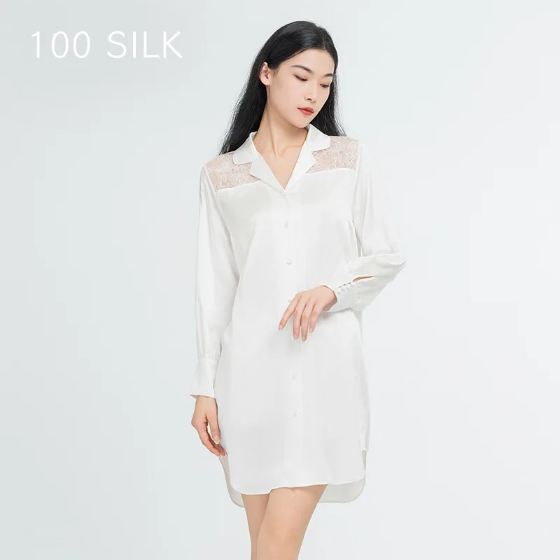 High Quality Natural New Style  Pajamas Women's Long-Sleeved Shirt Home Wear Lace Hollow out Heavy Real Silk Nightdress