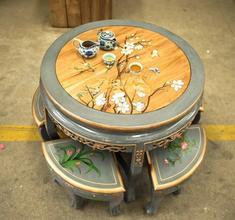 

zz solid wood round dining table tea table Chinese round table small apartment balcony living room household round antique