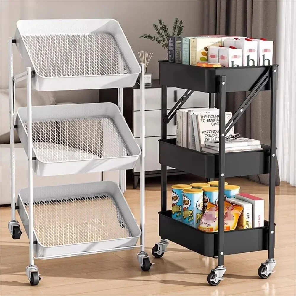 Folding Storage Trolley Kitchen Organizing Rack Movable Bathroom Shelf Utility Cart Carbon Steel Shelves Multilayer Snacks Racks